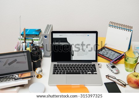 PARIS, FRANCE - SEP 10, 2015: Apple Computers website on MacBook Pro Retina in a creative room environment showcasing the newly announced new ION-X Glass for Apple Watch
