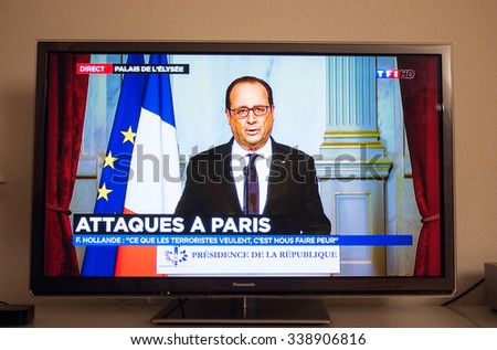 PARIS, FRANCE - NOV 13, 2015: Francois Hollande at French Television address to the Nation on the Terrorist Attacks. At least 40 people were killed across Paris, with explosions outside the stadium