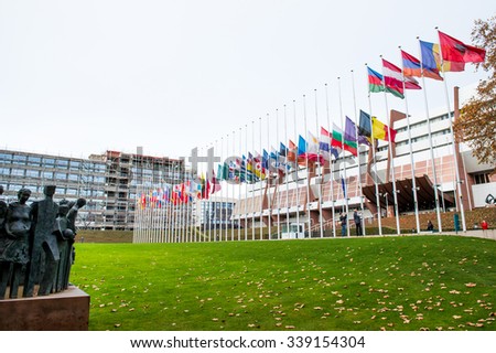 STRASBOURG, FRANCE - 14 Nov 2015: All European Union Flag flies at half-mast in front of the Council of Europe following an terrorist attack in Paris