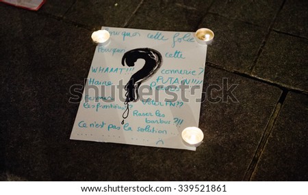 STRASBOURG, FRANCE - 14 NOV 2015: Big question mark with candles and french words in the center of Strasbourg after the attacks in Paris that killed at least 128 people