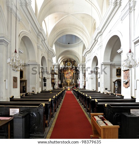 Interior of the Dreifaltigkeitskirche or Church of the Holy Trinity in Vienna, Austria. In 1827, the dead body of Ludwig van Beethoven was laid here.