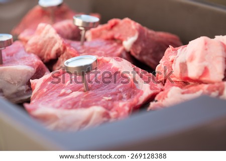 close-up look of raw beef steak in the plastic tray with round silver  thermometer stick in ready for cooking