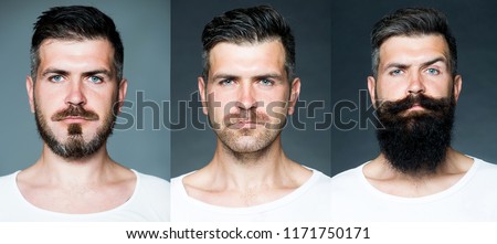 Bearded man or hipster set. Long beard. Hair style hair stylist. Barber shop design. Advertising and barber shop concept. Set of mans portrait