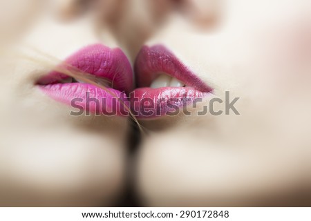 Two female soft tender sexy seductive mouths with pink lipstick closeup, horizontal picture