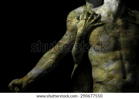 Woman hugging  man with bark texture