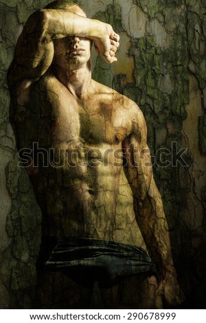 Handsome shirtless young man torso with bark texture