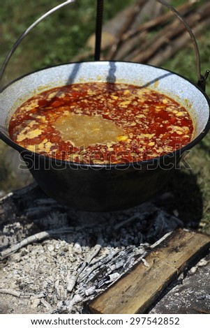 Delicious fresh ukrainian hot red borsch in enamelled kettle is cooked on fire with sour cream outdoor picnic closeup, vertical picture