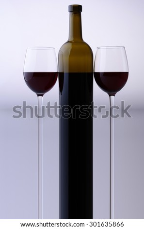 Stretched bottle and two glass goblets with red grape wine standing close to each other in studio isolated on white and grey backgroung, vertical picture