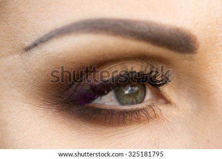 Closeup photo of beautiful female eye with grey pupil which reflects sky and evening makeup of brown eyeshadow black eyeliner mascara with violet tint and neat eyebrow, horizontal picture