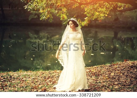 Full length view of one beautiful sensual young brunette bride in long white wedding dress and veil standing near river in autumn leaves outdoor on natural background, horizontal picture
