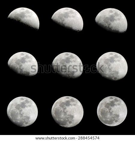 Set of moon phases which in detail shows the period of the second quarter of lunar month. Silhouette of 9 crescent moon isolated on black background. From 8 to 16 lunar days of lunar calendar.