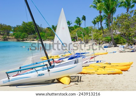 St John, USVI -March 27, 2013:  The water sport toys are ready to go at Caneel Bay, St John, USVI