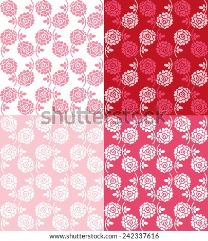 Roses. Set of seamless patterns with summer flowers. White, pink and red variations.