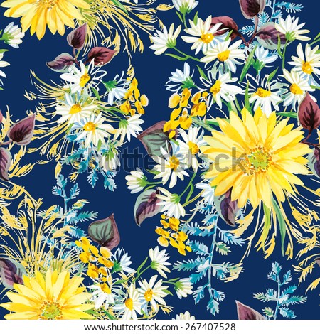 Yellow and white flowers with violet leaves and floral elements on the dark blue background. Watercolor seamless pattern with summer flowers. Gerbera and daisies.