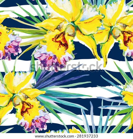 Yellow orchids with green palm leaves on the dark blue striped background. Watercolor seamless pattern with tropical flowers.