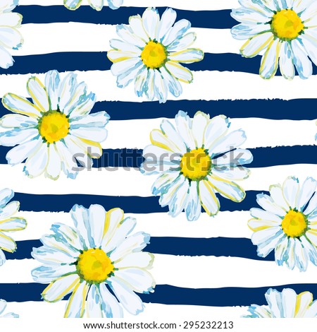 Daisies on the striped nautical background. Watercolor seamless pattern with wild summer flowers.