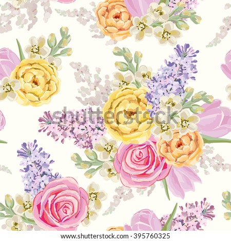 Spring bouquets on the white background. Vector seamless pattern with delicate flowers. Rose, lilac, tulip, matthiola. Pastel yellow, pink, serenity colors.
