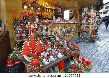 BAD HINDELANG, GERMANY - DECEMBER 4: Romantic Christmas market with illuminated shops for gift and decoration on December 4, 2012 in Bad Hindelang, Bavaria, Germany