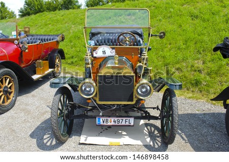 LANDSBERG, GERMANY - JULY 13: Oldtimer rallye for at least 80 years old antique cars with Ford T Touring, built at year 1910, photo taken on July 13, 2013 in Landsberg, Germany