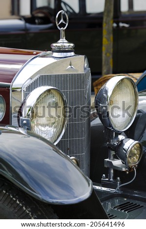 LANDSBERG, GERMANY - JULY 12, 2014: Public oldtimer rally in Bavarian city Landsberg for at least 80 years old veteran cars with a front view of Mercedes K15, built at year 1926