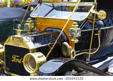 LANDSBERG, GERMANY - JULY 12, 2014: Public oldtimer rally in Bavarian city Landsberg for at least 80 years old veteran cars with a front view of Ford Torpedo, built at year 1911