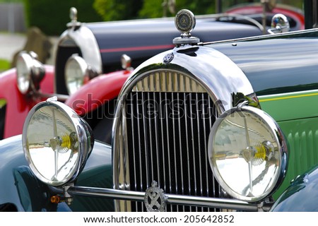LANDSBERG, GERMANY - JULY 12, 2014: Public oldtimer rally in Bavarian city Landsberg for at least 80 years old veteran cars with a front view of Hotchkiss, built at year 1930