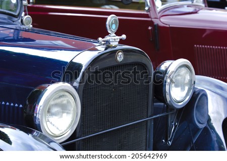 LANDSBERG, GERMANY - JULY 12, 2014: Public oldtimer rally in Bavarian city Landsberg for at least 80 years old veteran cars with a front view of Dodge Tourer, built at year 1924