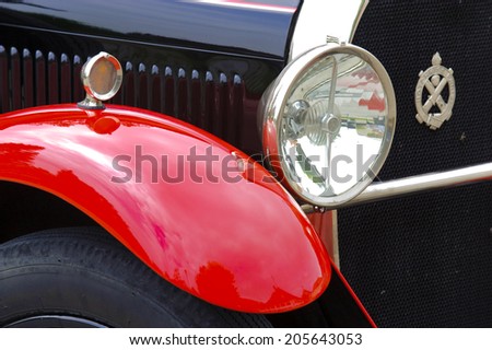 LANDSBERG, GERMANY - JULY 12, 2014: Public oldtimer rally in Bavarian city Landsberg for at least 80 years old veteran cars with a front view of Hotchkiss open Tourer, built at year 1928