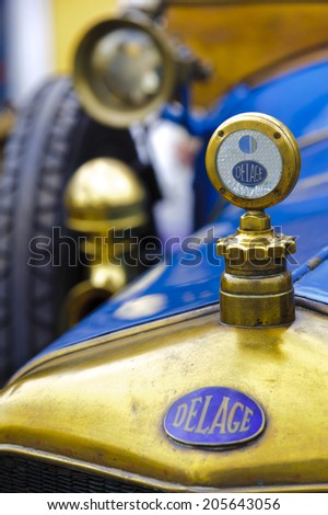 LANDSBERG, GERMANY - JULY 12, 2014: Public oldtimer rally in Bavarian city Landsberg for at least 80 years old veteran cars with a front view of Delage, built at year 1915
