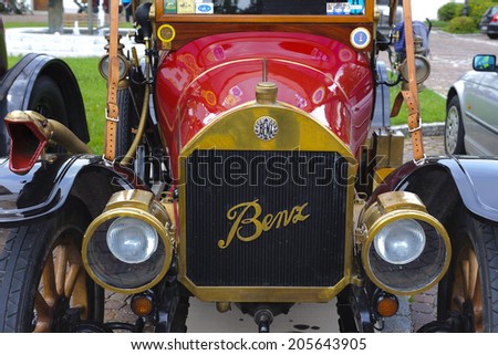 LANDSBERG, GERMANY - JULY 12, 2014: Public oldtimer rally in Bavarian city Landsberg for at least 80 years old veteran cars with a front view of Benz 8/20, built at year 1913