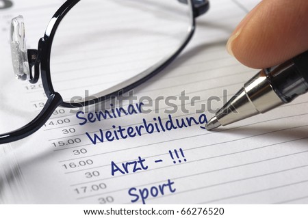 german business organizer shows date for business seminar / meeting, Weiterbildung / education job training, Arzt / doctor and sport