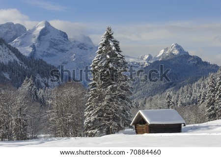 landscape in upper bavaria, germany, in winter and snow covered alps mountains