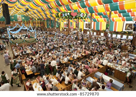 MUNICH, GERMANY - SEPTEMBER 21: overview in a tent of Loewenbraeu brewery at world biggest beer festival \