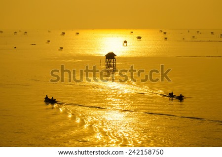 fisherman go to work and the sunrise in the morning at Bang Ta Boon bay