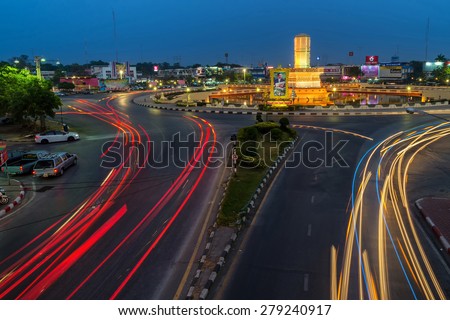 Lopburi - January 8 , 2014 : Srakeaw traffic circle landmark of lopburi city in twilight time