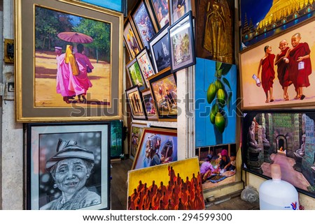 YANGON, MYANMAR - April 11: Painting in Famous shops at Bogyoke Market on April 14 2014 in Yangon, Myanmar. Bogyoke Market was built in 1926 and was formerly known as Scott Market.