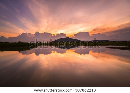 Beautiful scenery sunset sky view of lake and reflection in water.