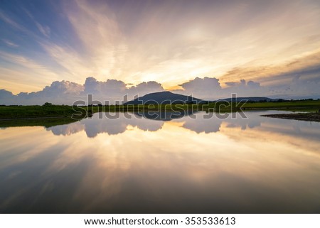 Beautiful scenery sunset sky view of lake and reflection in water.