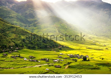beautiful view of house and village in rice terrace at tu le ,mu cang chai , vietnam