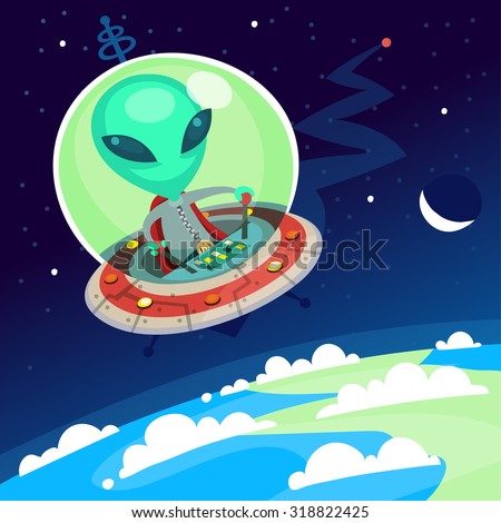 Colorful little green alien with big head flying his spaceship in Earth atmosphere. Vector cartoon alien on a space background.