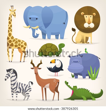 Set of popular colorful vector tropical animals and birds