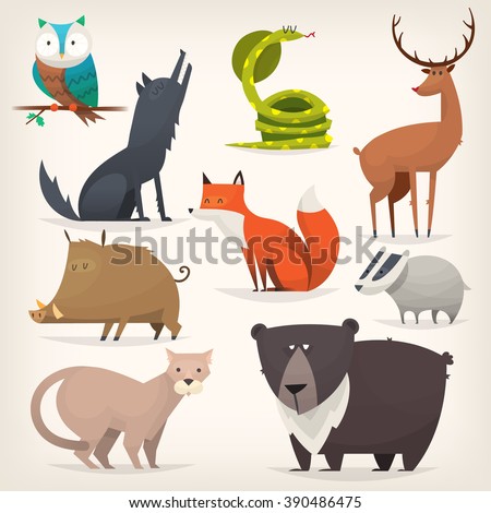 Set of popular colorful vector forest animals and birds
