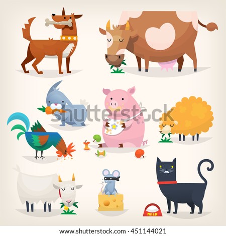 Set of popular colorful vector farm animals and birds eating food