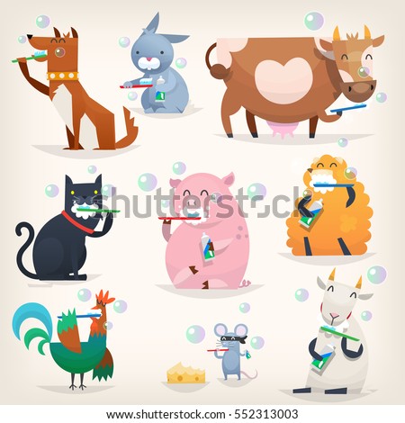 Set of popular colorful vector farm animals and birds cleaning teeth with tooth brush and paste