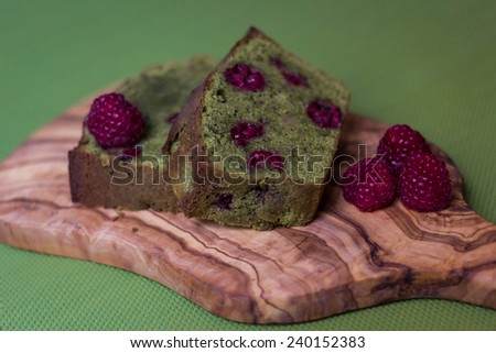 A surprising green colored (with Matcha tea) raspberry cake