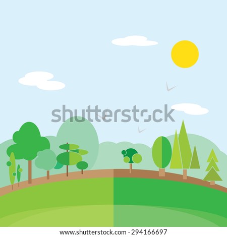 flat forest landscape . trees, sun , birds . vector background