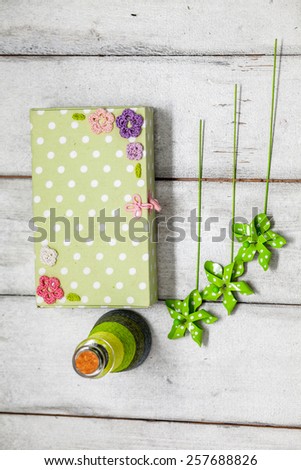 decorative green bottle and box, green decor, spring decor, bottle on a white background, box on a white background, a bottle and a box on a white background