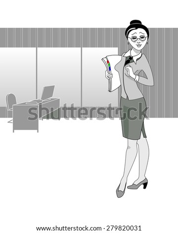 Girl secretary with documents in the office. Gray scale image.