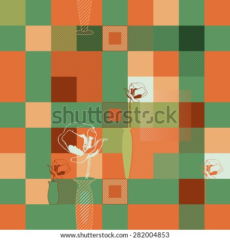 Seamless pattern with roses in vase, on checked background.