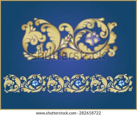Floral design in the band on a blue background. Ornate embroidery on denim.